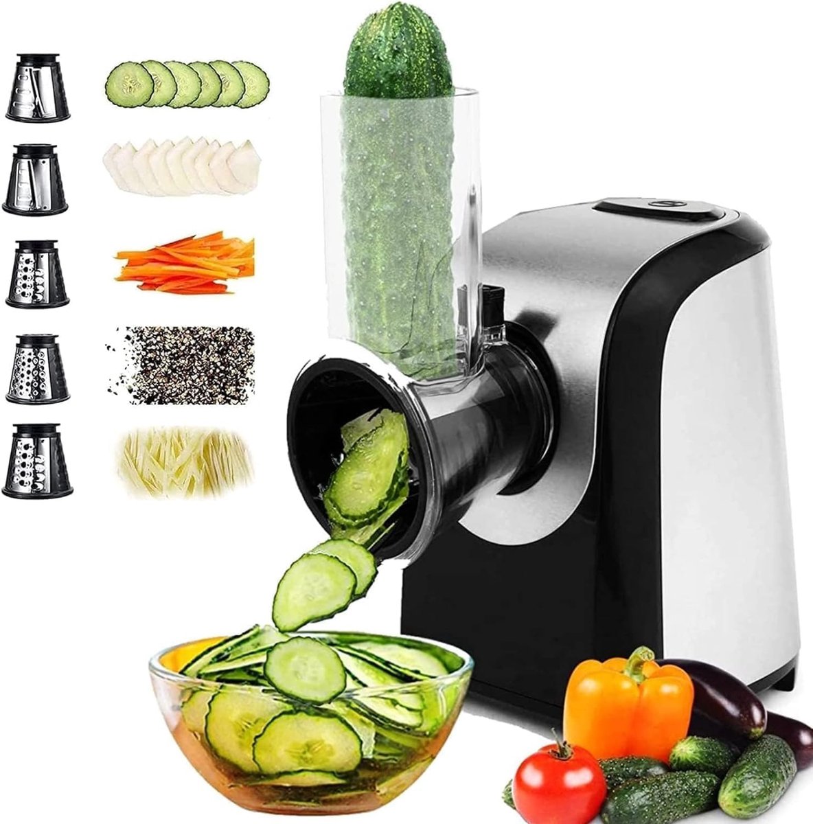 SnelShoppen - Elektrische Groentecutter 5-in-1 met Snijschijven, 150W Groenteger, Keukenhulp voor Groenten, Fruit, Kaas en Salades