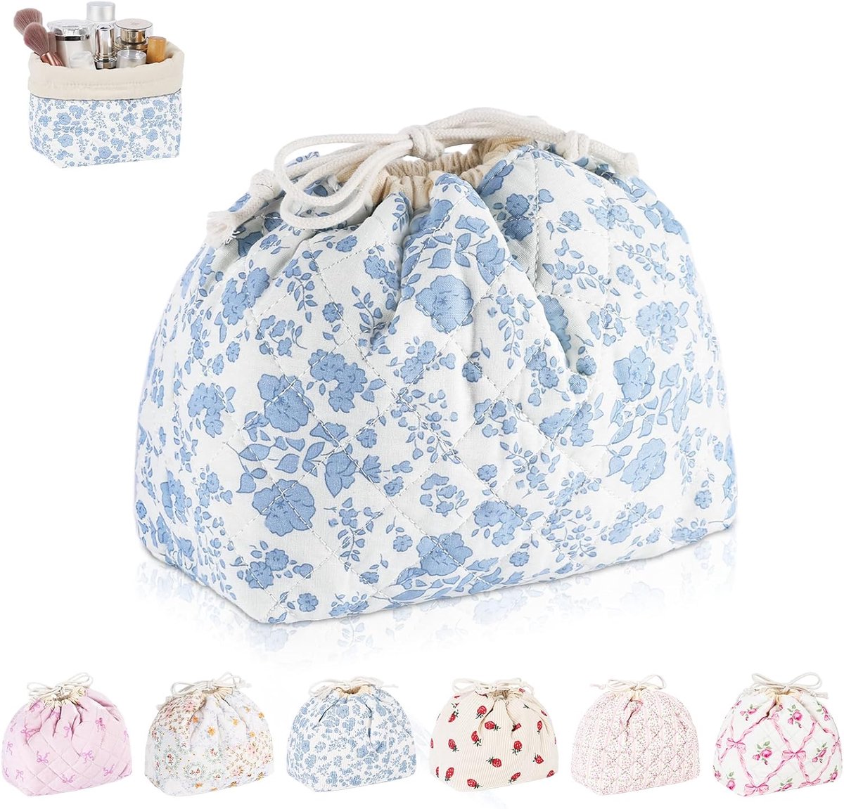 SnelShoppen - Grote Makeup Tas voor Meisjes - Cosmetica Organizer - Reistas met Trekkoord - Katoen - 17 x 10 x 17 cm - Blauw - Perfect voor Reizen, Ve
