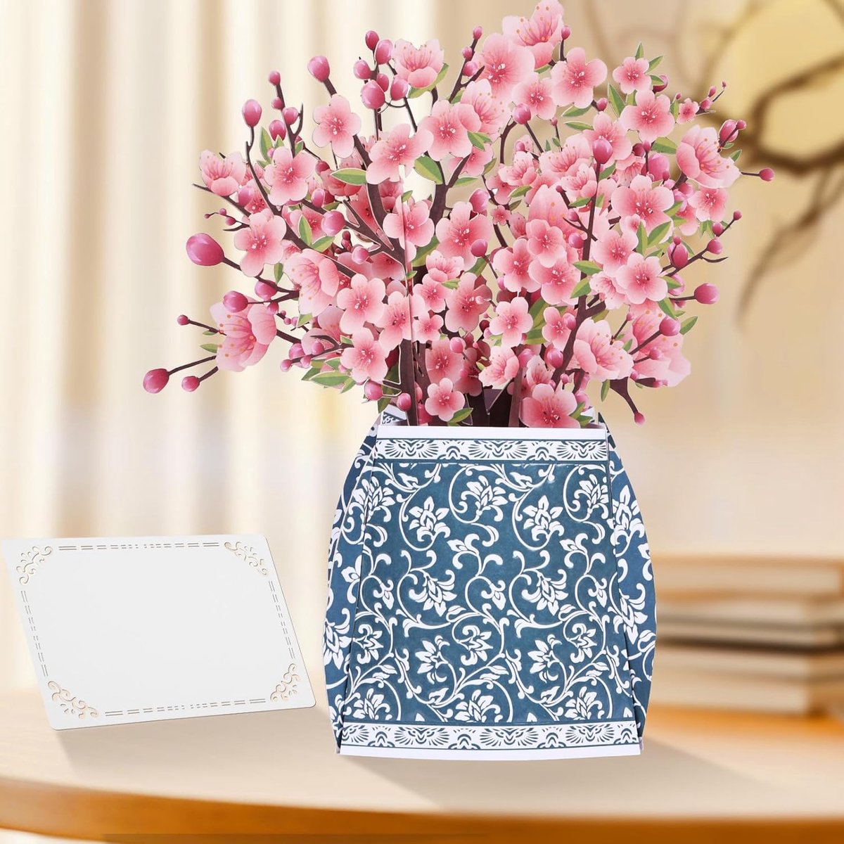 SnelShoppen - Pop Up Verjaardagskaarten voor Vrouwen, 3D Bloemboeket in Blauw en Wit Porselein, Moederdag Kaarten met Envelop voor Meisjes, Leraren, M