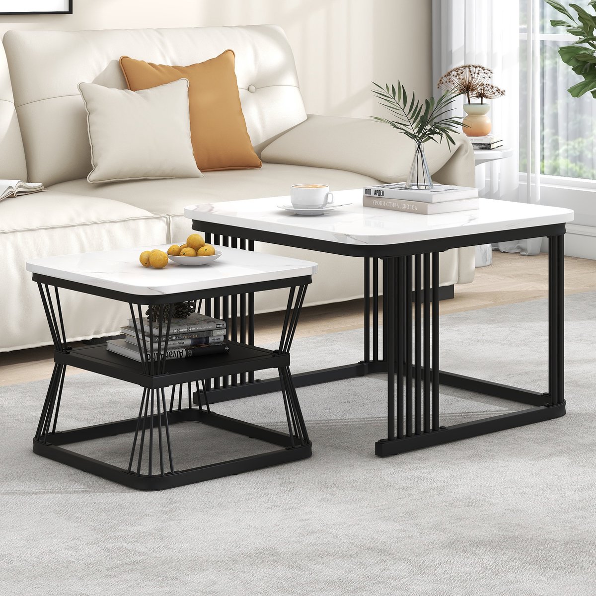 COVREO Bijzettafel set 65x65x45 cm wit met marmerlook fineer MDF blad en zwart stalen frame