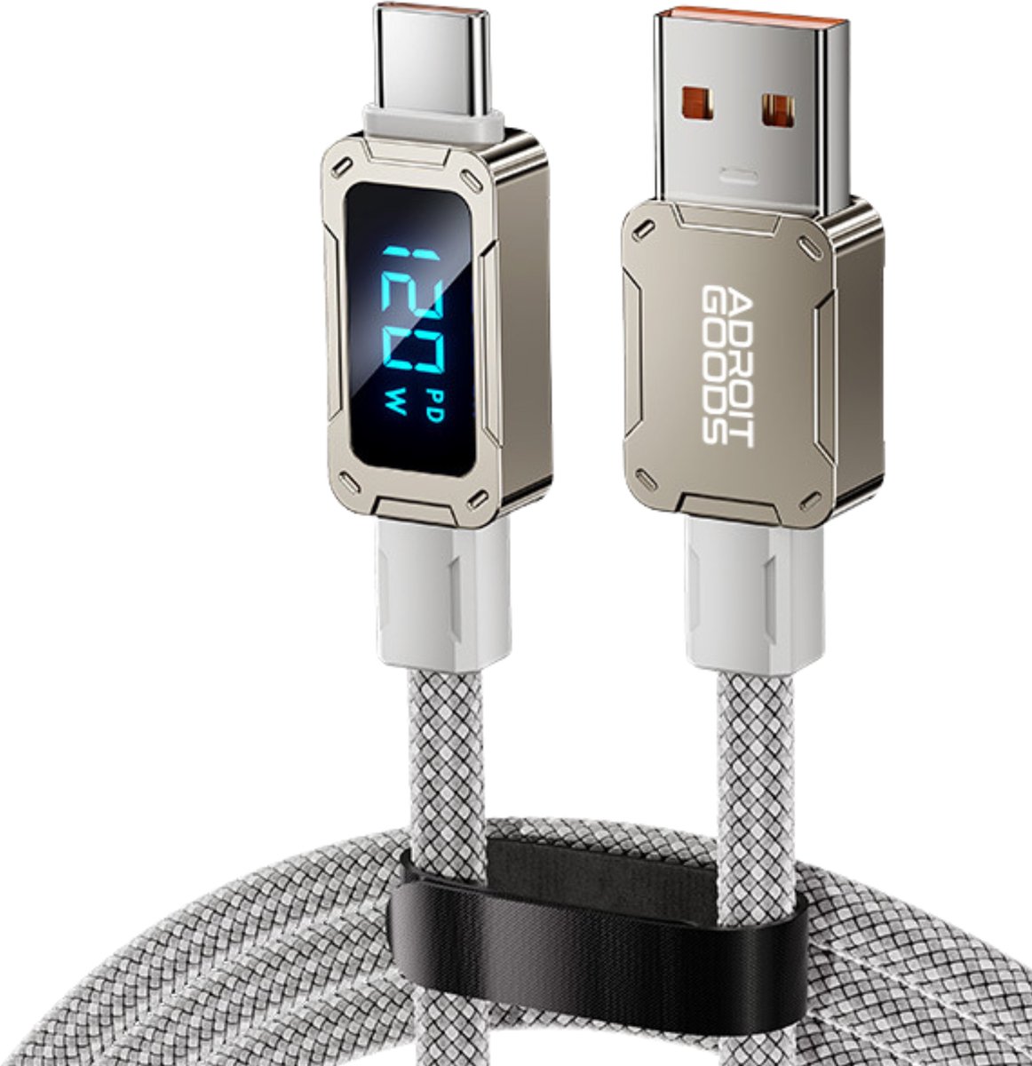 AdroitGoods USB-A naar USB-C Kabel 120W Snellader met Display Fast Charge Nylon Gevlochten Data Kabel - 1 m