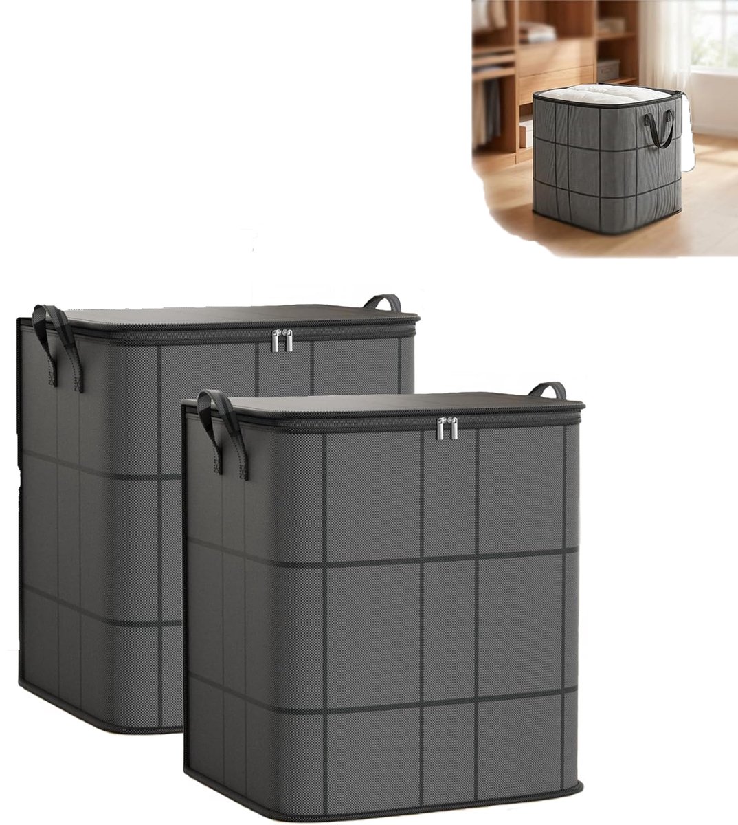KZQ 2-pack grote kledingopbergzakken 50x40x50 cm - Stevige handvatten en ritsen - Inklapbare opbergbakken voor kleding dekens en beddengoed - Perfect voor kast en thuisorganisatie - Zwart