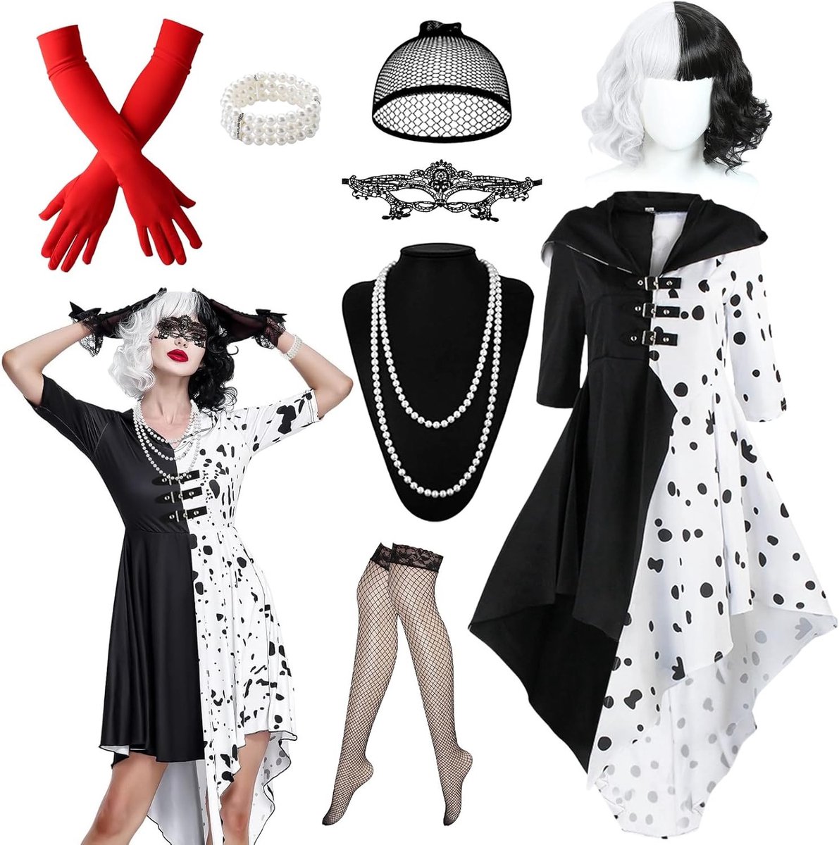 Dames Cruella Kostuum met 9 Stukken voor Halloween - Inclusief Jurk, Witte en Zwarte Perücke, Lace Masker, Handschoenen, Ketting, Visnet Kousen en Parelsieraden voor Cosplay