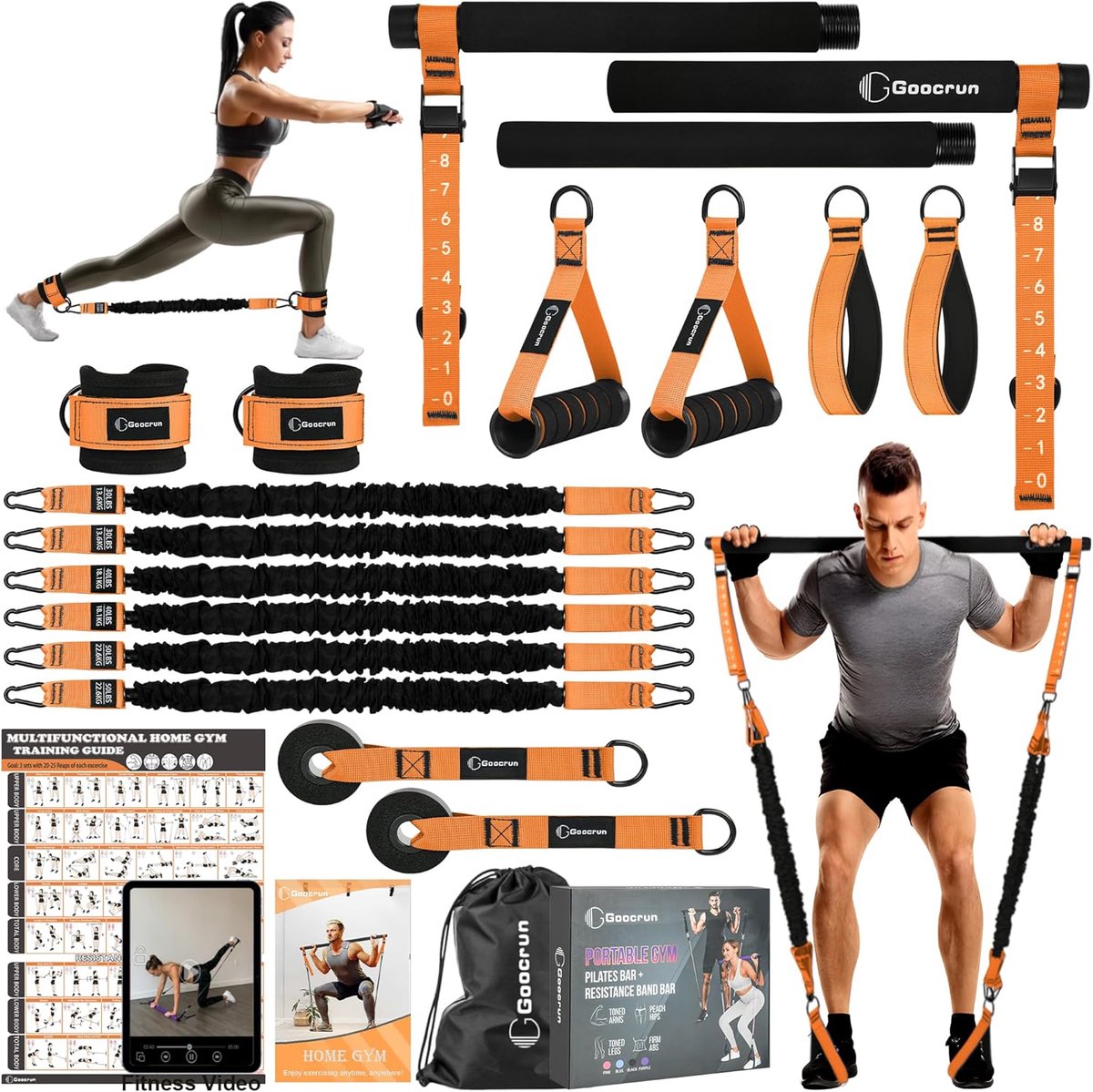 SnelShoppen - Portable Pilates Bar met Weerstandsbanden, Multifunctionele Thuis Gym met Handvaten, Deurankers, Enkelbanden en Extensiestrappen, Inclus