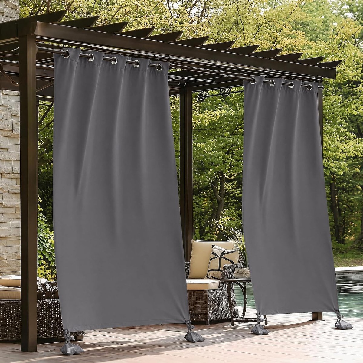 SnelShoppen - Outdoorgordijn Weerbestendig met Inslagringen en Verzwaarde Zakken - Set van 2 - 132 x 243 cm - Donkergrijs - Perfect voor Paviljoen, Te