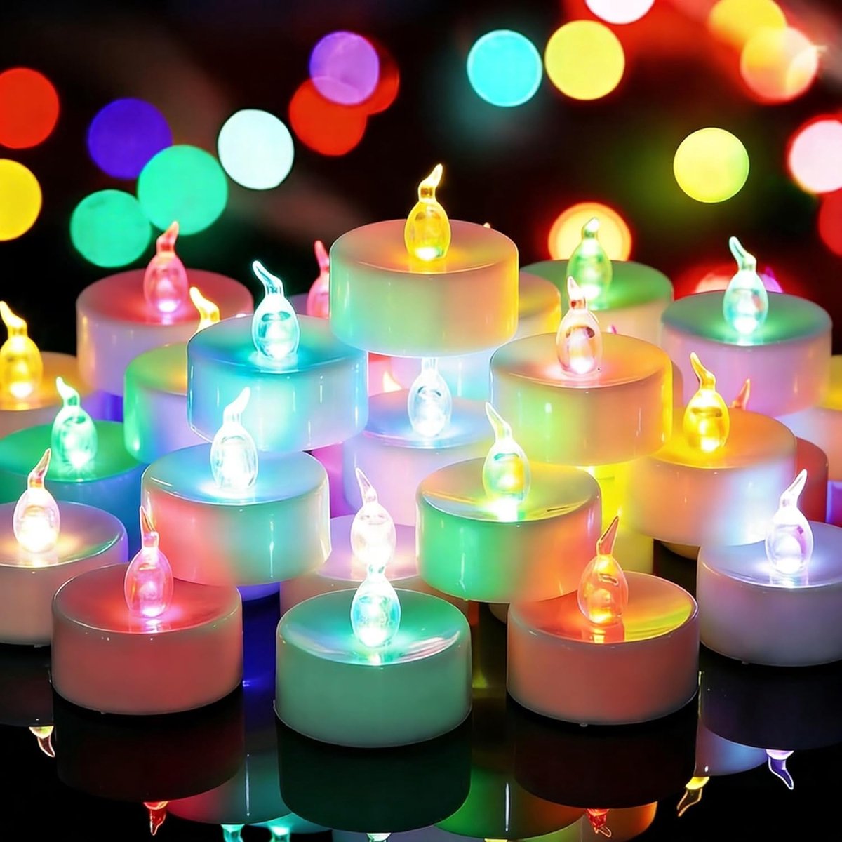 SnelShoppen - 48 Stuks LED Theelichten op Batterij - Flameless Flickering Kaarsen met Kleurrijke Lichten voor Kerst, Halloween en Feestdecoratie - Vei