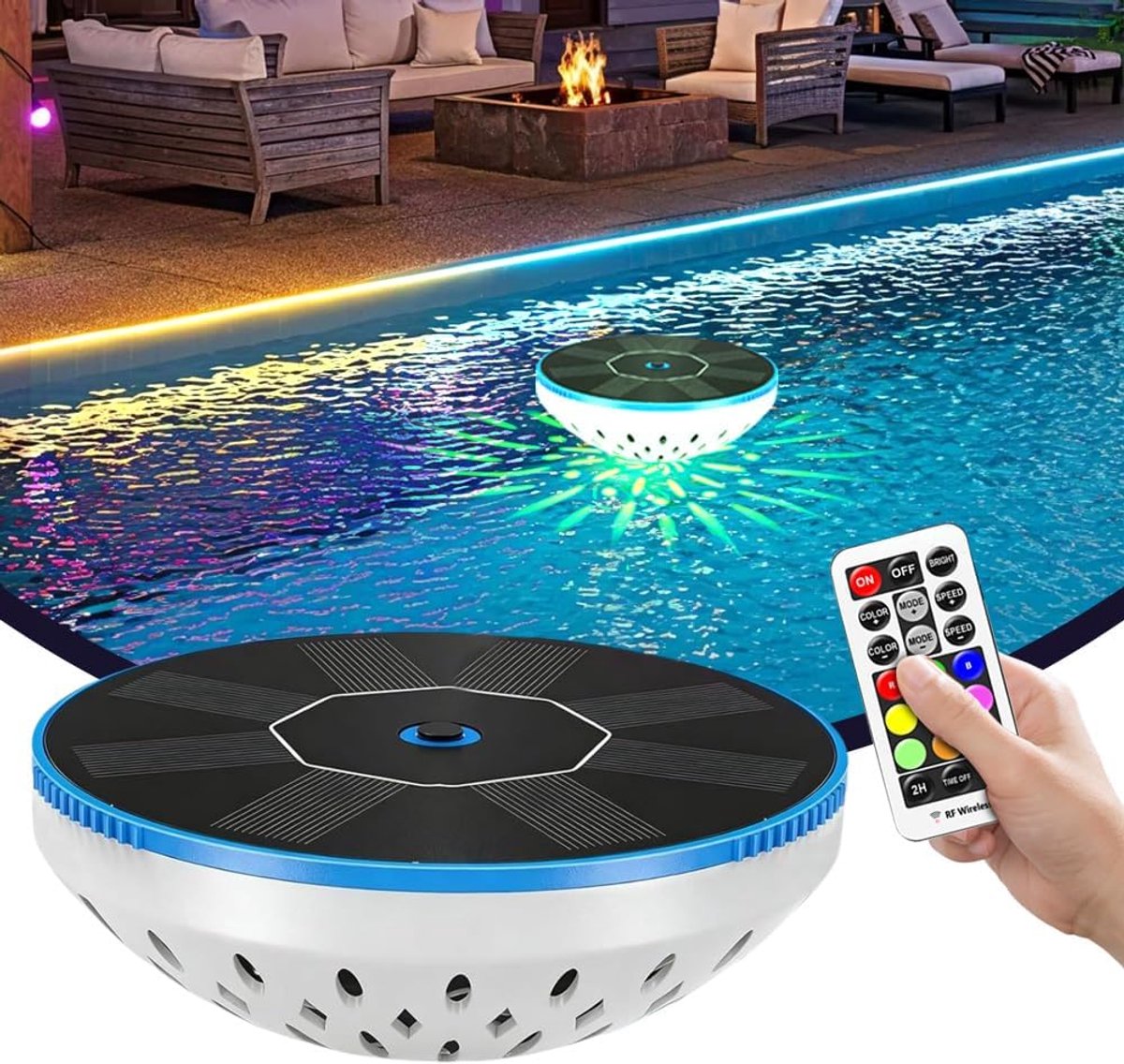 SnelShoppen - Solar Pool Lights – IPX8 Waterdichte Drijvende Dispenser met Dimbare RGB LED Poolverlichting en Afstandsbediening voor Spa's, Tuinen, Ba