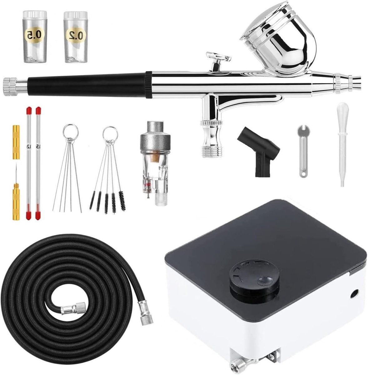 Airbrush Kit met 33 PSI Instelbare Luchtcompressor, Dubbele Actie Airbrush met 0.2/0.3/0.5mm Doppen en Reinigingssets voor Nagelkunst, Make-up, Modelleren en Taartdecoratie