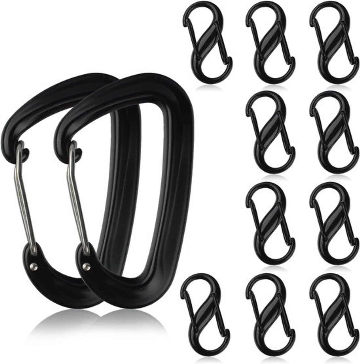 12-pack Aluminium Karabijnhaken - Dubbele Sleutelhaken - Zwart - 12KN - Lichtgewicht - Bergbeklimmen Camping.