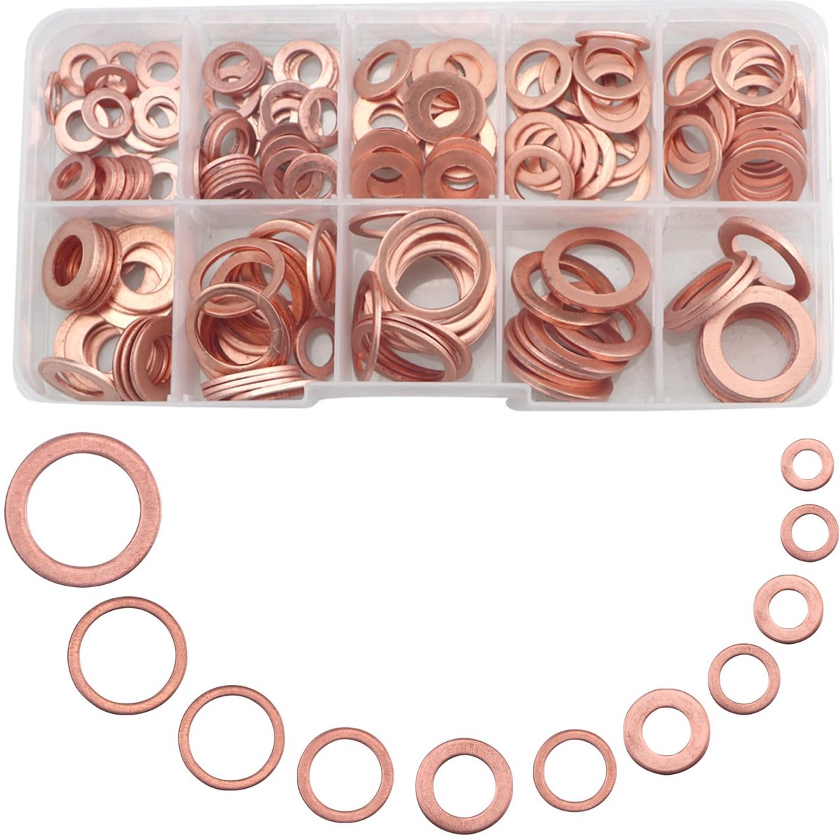 SnelShoppen - Pack van 255 Koper Ringen, Grote Assortiment, 11 Maten, Corrosiebestendige Koperafsluitringen, Wasringen, Metaalset voor Olielekken, Ver