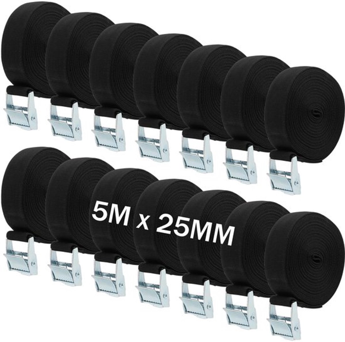 Spanbanden 14 Stuks - Verstelbare Heavy Duty Sjorbanden - Zwart - 5 m x 25 mm - Hoge Sterkte - Slijtvast Polypropyleenvezel