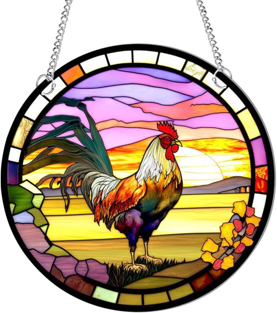 SnelShoppen - Rooster Acryl Raamdecoratie, Gepekelde Kip Zonvanger voor Vensters, Tuin, Wand, Huis en Tuin, Kleurrijke Dubbelzijdige Ornamenten