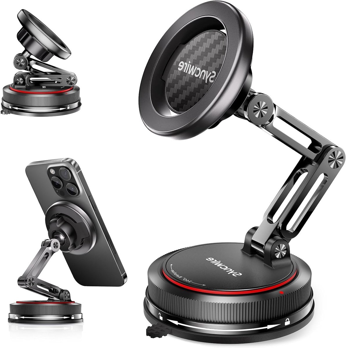 Magnetische Autohouder met 360° Rotatie voor Smartphone - Nano Hechting en Sterke Zuignap voor Dashboard en Voorruit, Geschikt voor iPhone en Samsung, Carbon Fiber Design