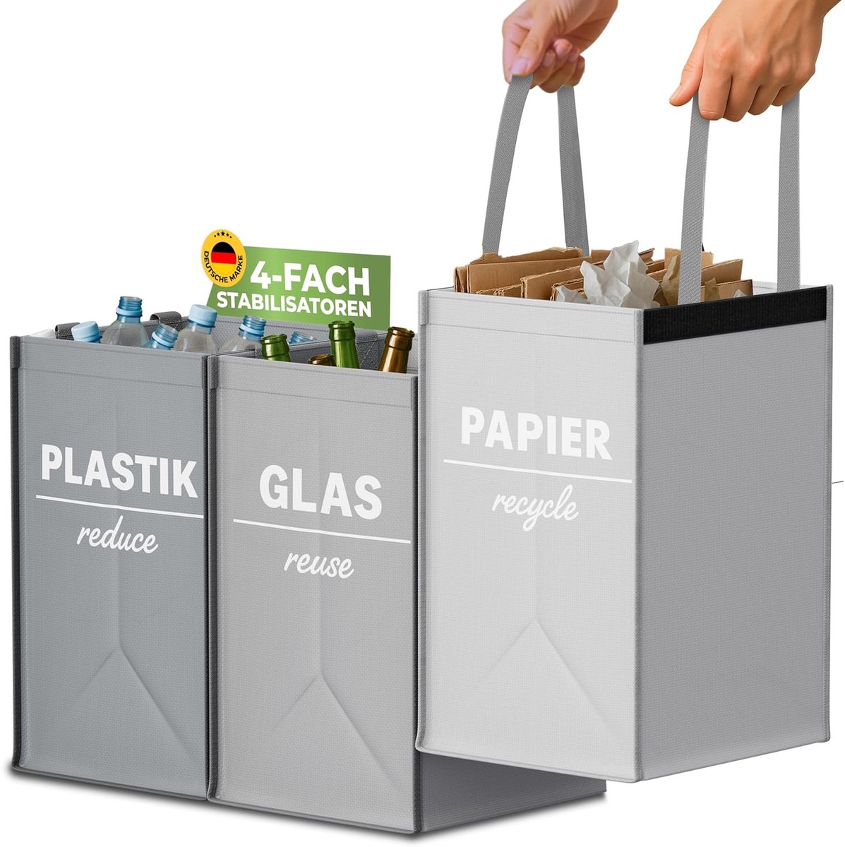 SnelShoppen - Afval scheidingssysteem 3-delig - Plastic, Glas, Papier - Sterke Stand met 4 Stabilisators - Ideaal voor Recycling en Afvalscheiding in
