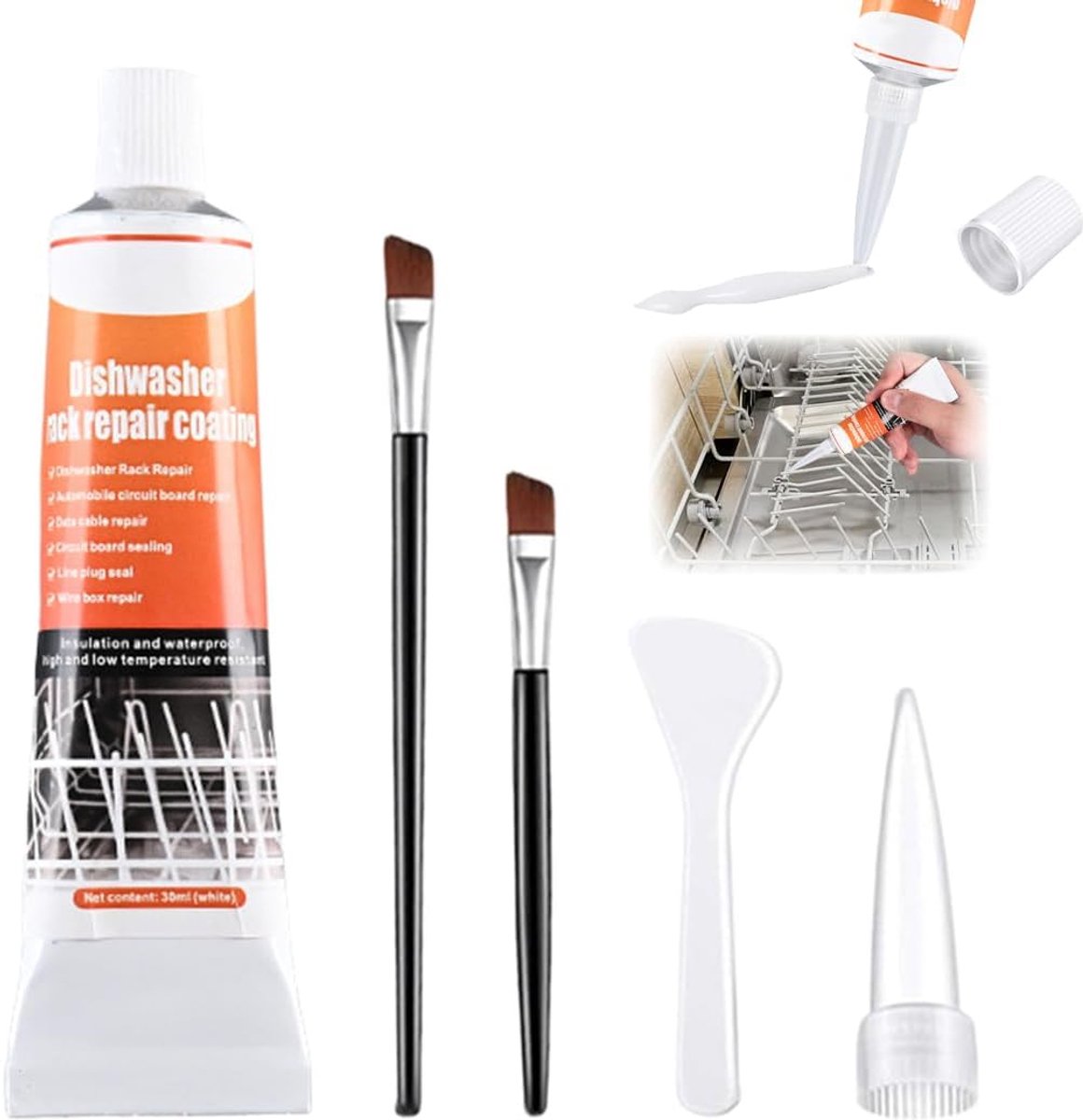 SnelShoppen - Dishwasher Basket Repair Kit - 50ml Reparatie Lijm, Spatel, Precisie Nozzle, Borstels, Waterproof en Hittebestendig, Ideaal voor Keuken