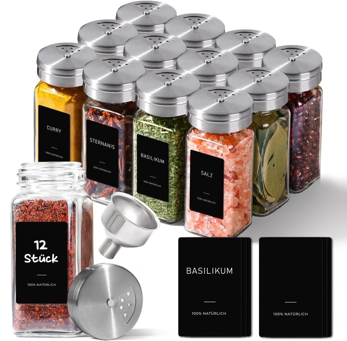 SnelShoppen - 12 Stuks Glazen Kruidenspotjes - Luchtdichte Kruidcontainers met Deksel, Labels en Trechter - Ideaal voor Keuken en Huiskamer, Houdt Kru