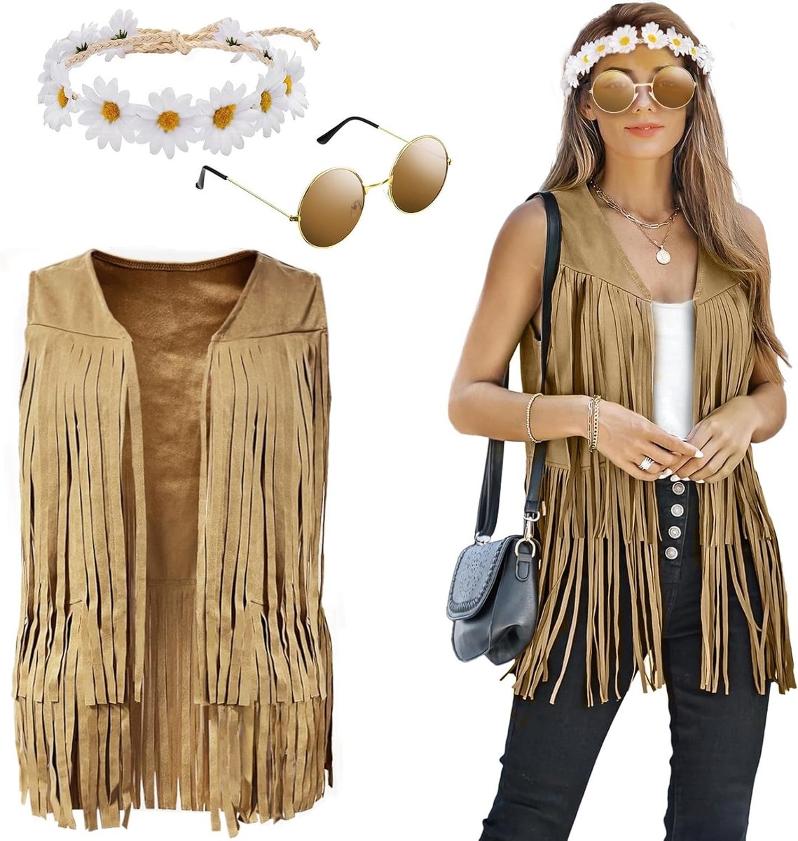 Vrouwelijk hippie kostuum met franjes, mouwloos vest, accessoires voor carnaval en themafeesten, jaren '60 en '70 stijl