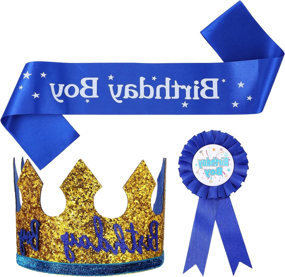 Gouden verjaardagskroon met sjerp voor jongens, feesthoed voor themafeest en kostuumaccessoires