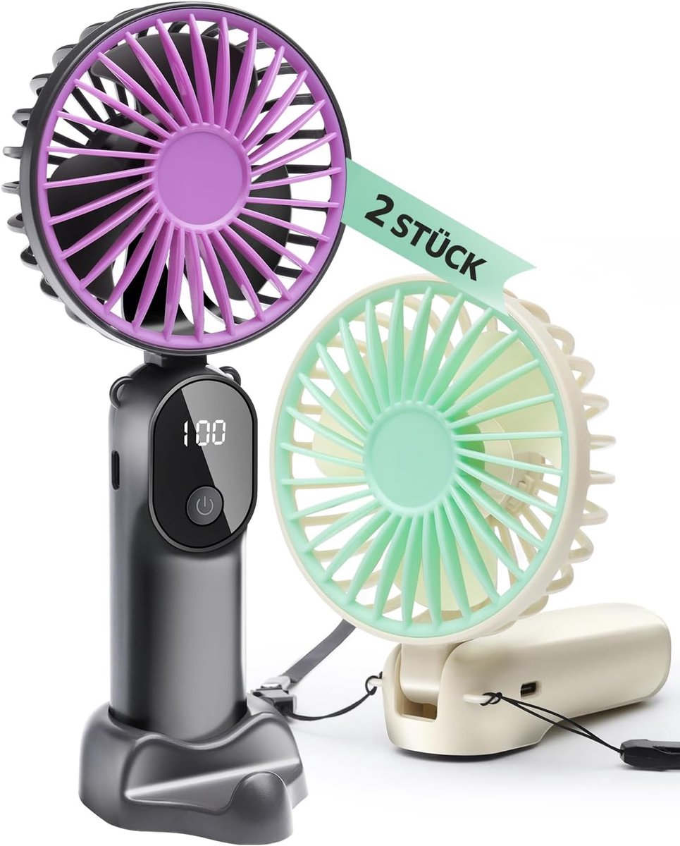 SnelShoppen - 2 Stuks Draagbare Handventilators, Mini USB Oplaadbare Ventilatoren met Nekband en Afneembare Bureauvoet, 90° Vouwbaar, 6 Snelheden voor