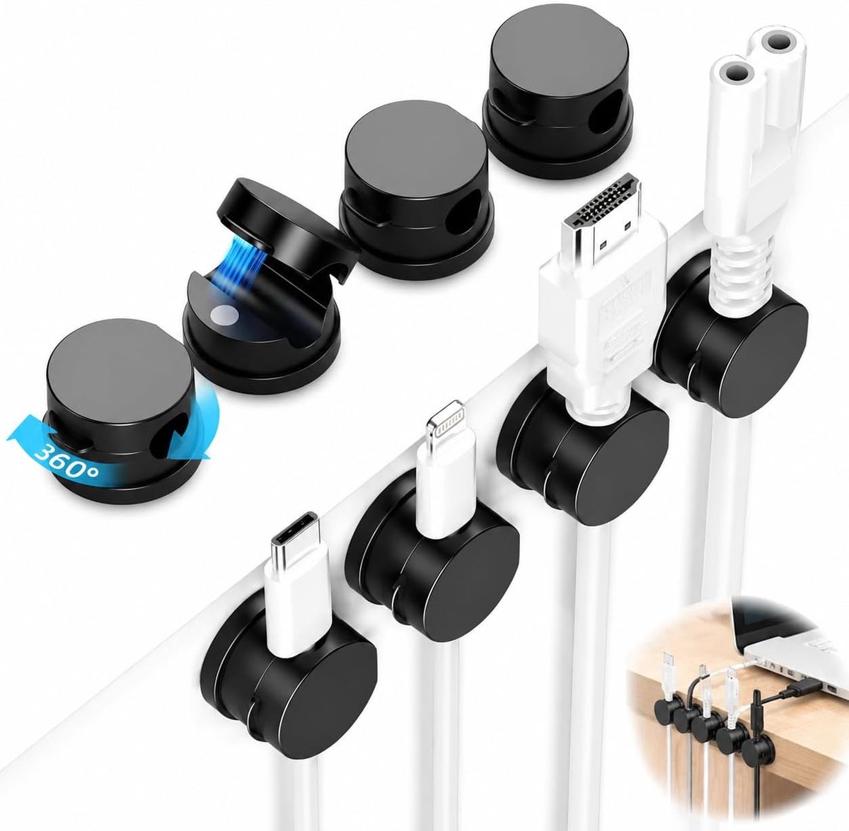 SnelShoppen - Kabelclip Kabelhouder Kabelorganizer 8 Stuks 360° Draaibaar Zwart Zelfklevend Draadbeheer voor Bureau Nachtkastje Auto Muur Kantoor Keuk