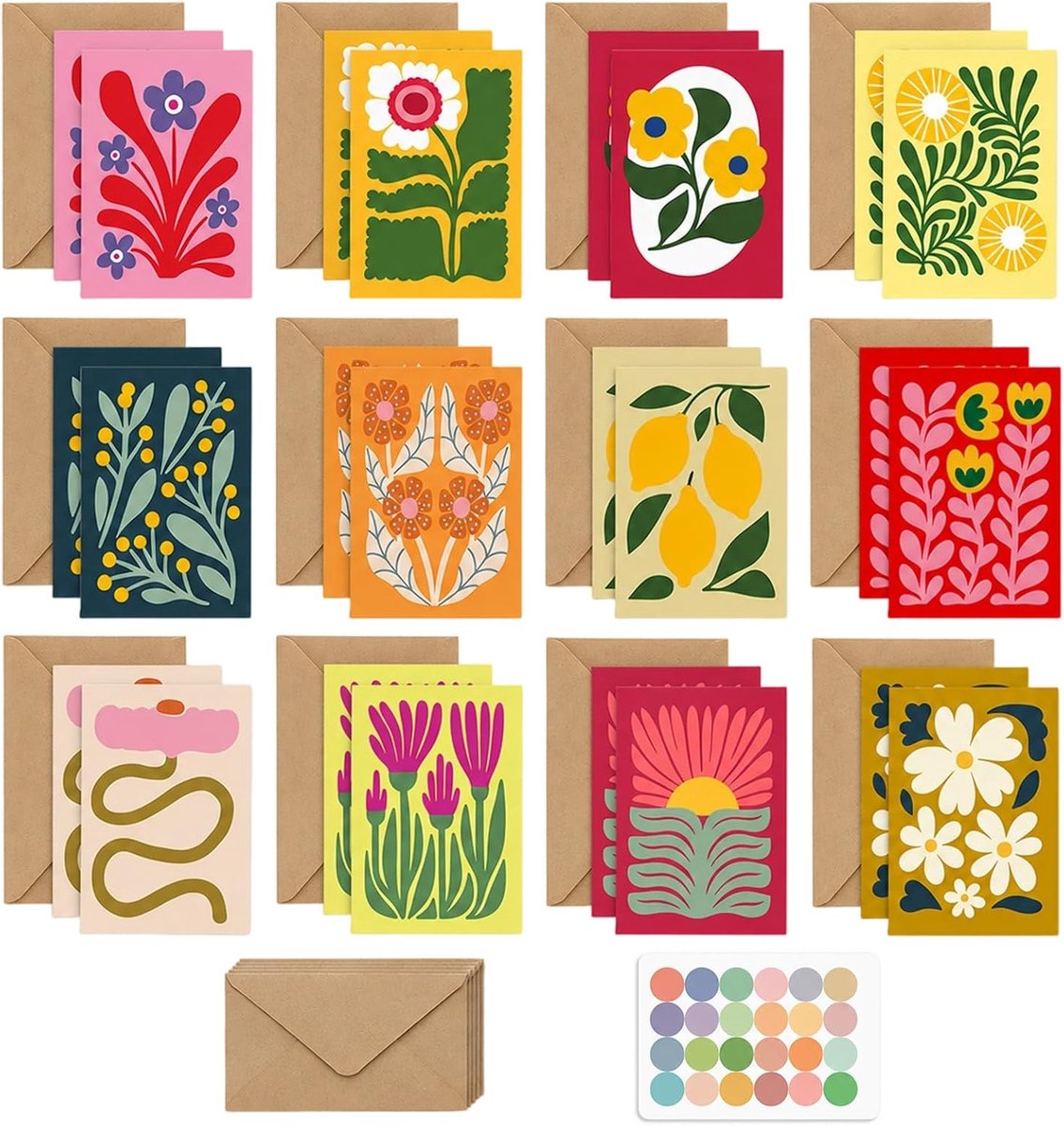 SnelShoppen - Wenskaarten Set 24 Stuks, Dubbele Kaarten met Envelop, Blanco Kaarten 10x15 cm, Kleurrijke Bloemen met Kraftpapieren Enveloppen, Perfect