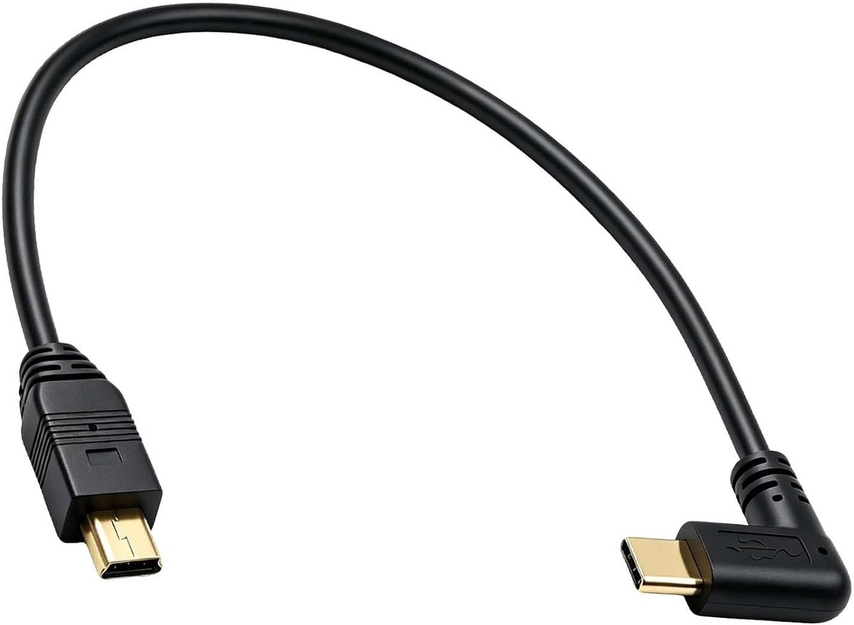 SnelShoppen - USB C naar Mini USB-kabel 0,25 m zwart, datakabel 480 Mbit/s, 2,4 A voor camera, dashcam, externe harde schijf, controller, microfoon