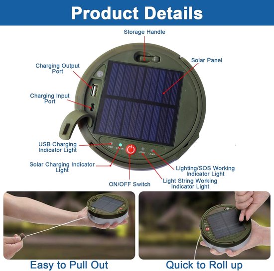 SnelShoppen - 12m Solar Camping Lichten met Afstandsbediening - 120 LED Fairy Lights - Oplaadbaar, USB, 8 Verlichtingsmodi - Buiten, Kerst, Camping, T — afbeelding 3