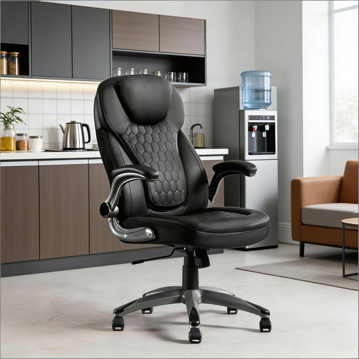 DESMIU Bureaustoel 67,5 x 120 cm - Hoge Rugleuning Met Hoofdsteun En Schommelfunctie - Voor Kantoor En Thuiswerkplek - Kunstleer En Mesh - Zwart