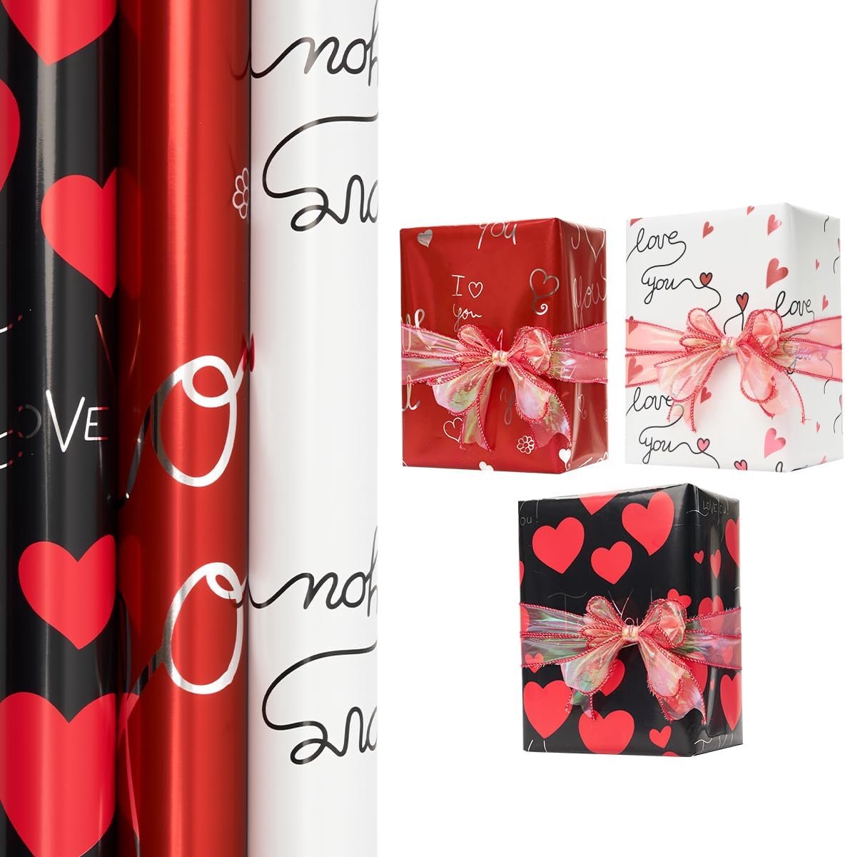 SnelShoppen - 3 Rollen Valentijn Cadeaupapier 43cm x 3m met Hart Motief voor Valentijnsdag, Jubileums, Trouwpartijen, Verjaardagen en Vrijgezellenfees