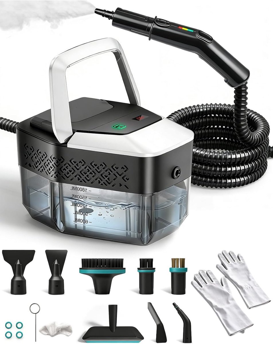 Multifunctionele Stoomreiniger 2500W met 6 Instellingen en 8 Opzetstukken, 1250ML Draagbare Hoge Druk Stoomreiniger voor Effectieve Reiniging van Meubels en Vloeren
