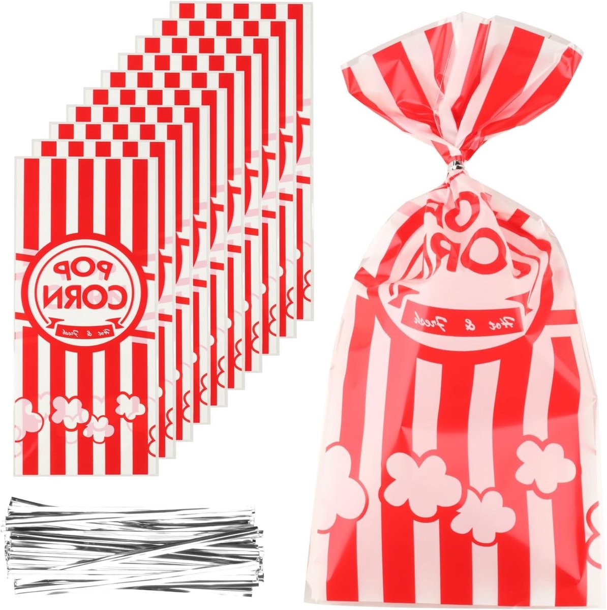 200 stuks herbruikbare popcornzakken van kraftpapier met kabelbinders - ideale popcorndozen voor bioscoop, feesten, verjaardagen en evenementen (12,5 x 27,5 cm)