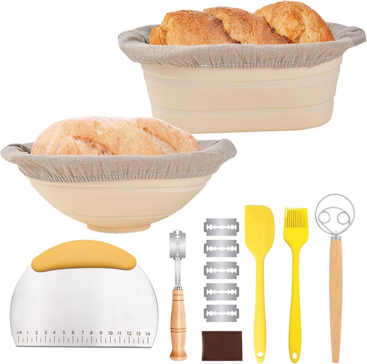 SnelShoppen - Brooddeeg rijzen mandje van silicone voor brood bakken, ronde en ovale broodbakvorm (24.5 cm rond en 27.5 cm ovaal), deegsnijder, deegme