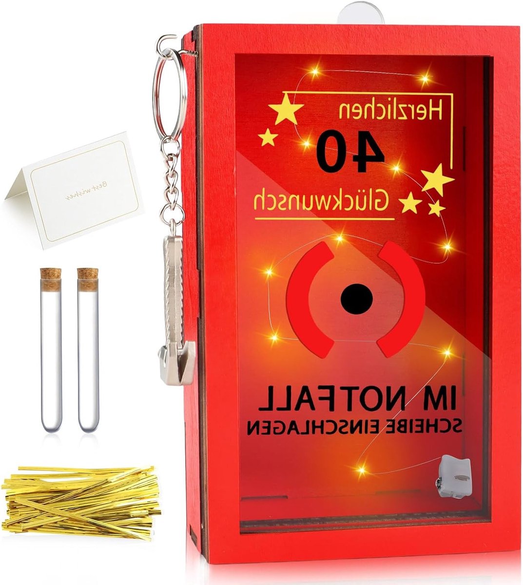 Grappige noodbox met hamer en led-verlichting, unieke geschenkdoos voor 40e verjaardag, decoratieve houten kist met reageerbuisjes en gouden koord, perfect voor geld en snoep