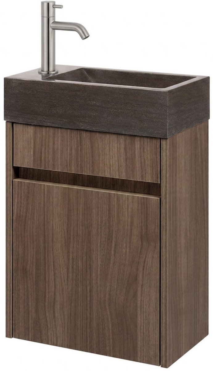 Saqu Florence fonteinmeubel noten urban incl. natuurstenen fontein en rvs-look kraan links