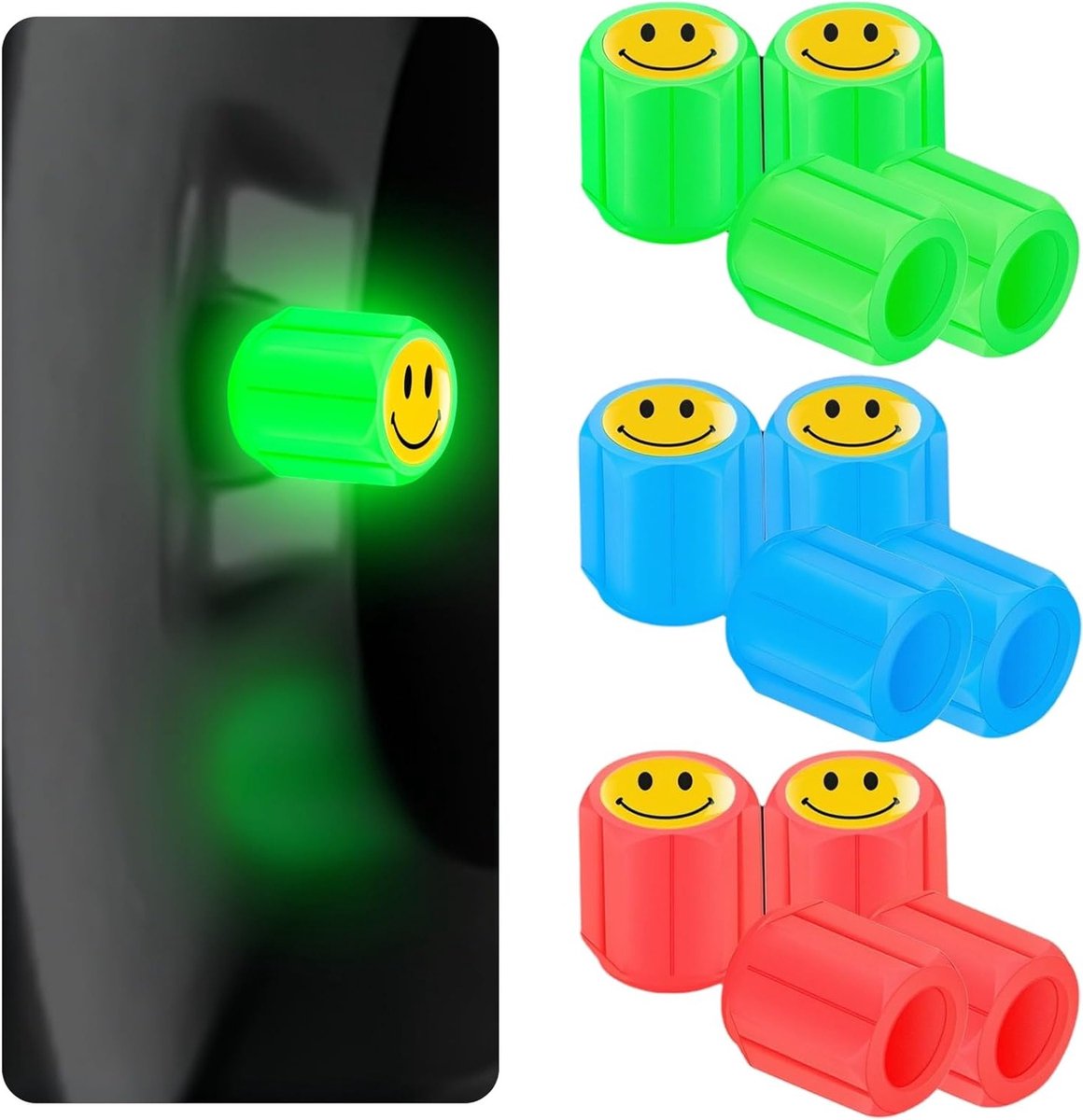 Verlichte ventieldoppen set van 12 met smiley design, fluorescerend en weerbestendig voor auto, fiets en motorfiets, gemaakt van duurzaam ABS-materiaal