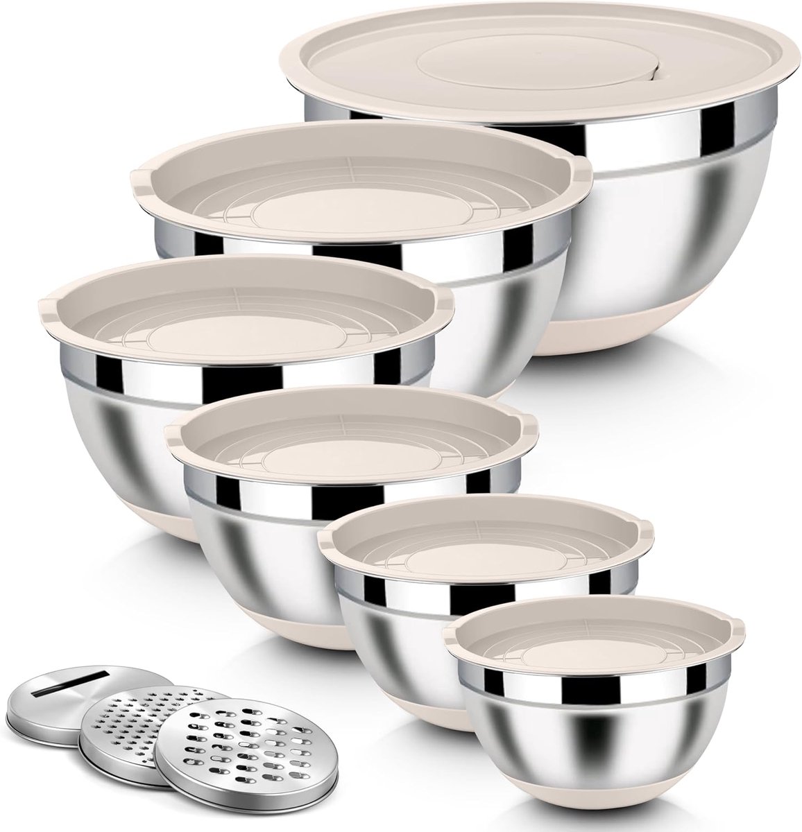 SnelShoppen - RVS Mengkommen Set 6-delig met Graters, Luchtdichte Deksel en Silicone Basis, Stapelbaar, 4.6L/2.8L/2.5L/1.6L/1.2L/0.7L, Khaki, Keuken,