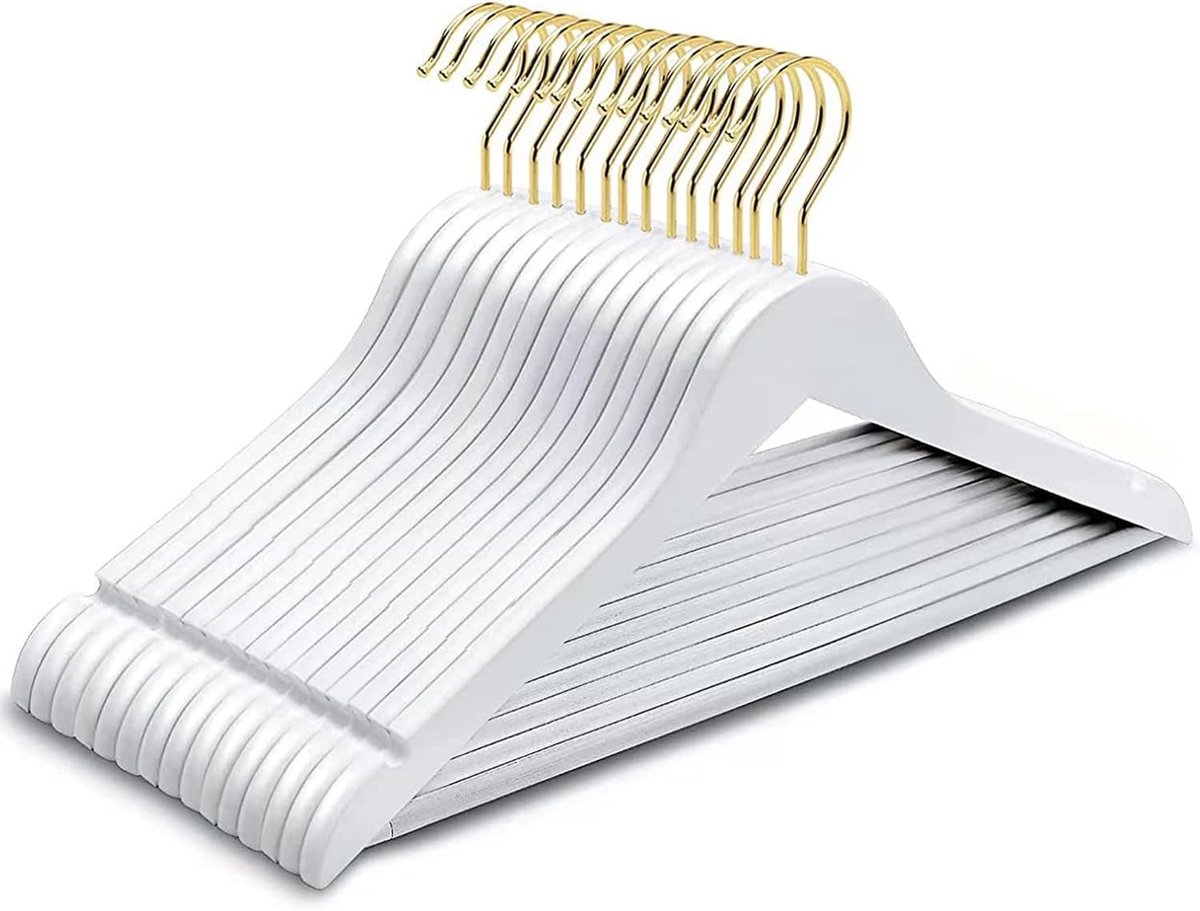 SnelShoppen - Premium Witte Houten Kledinghangers 10 Stuks - Met Antislip Broekenstaaf en Gladde Notches - Stevige Hangers voor Jas, Jurk, Blouse, Shi