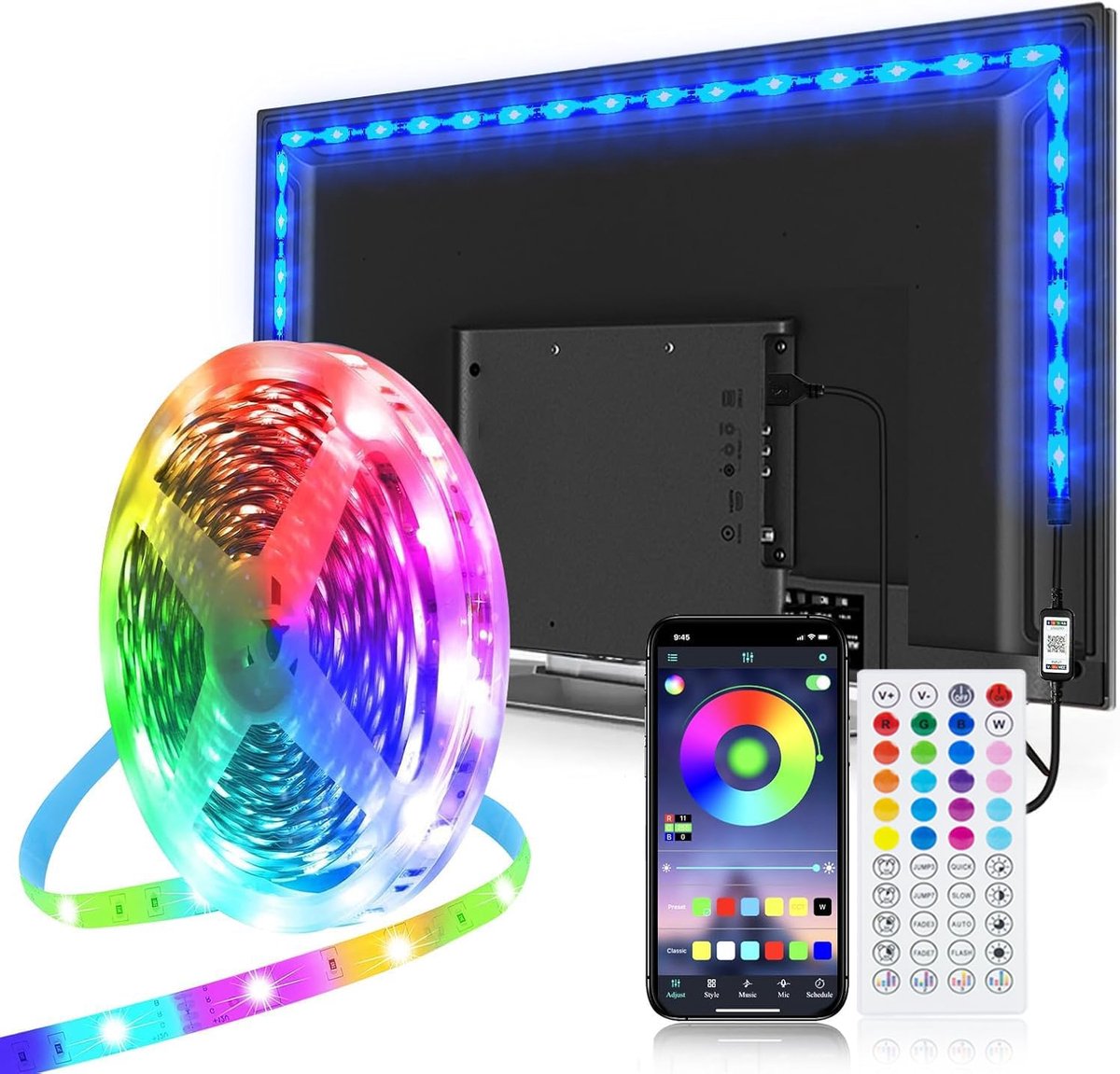 SnelShoppen - LED Strip 5m voor TV van 60-75 inch met Afstandsbediening, App & Muzieksynchronisatie - Perfecte Achtergrondverlichting voor Feest, Thui