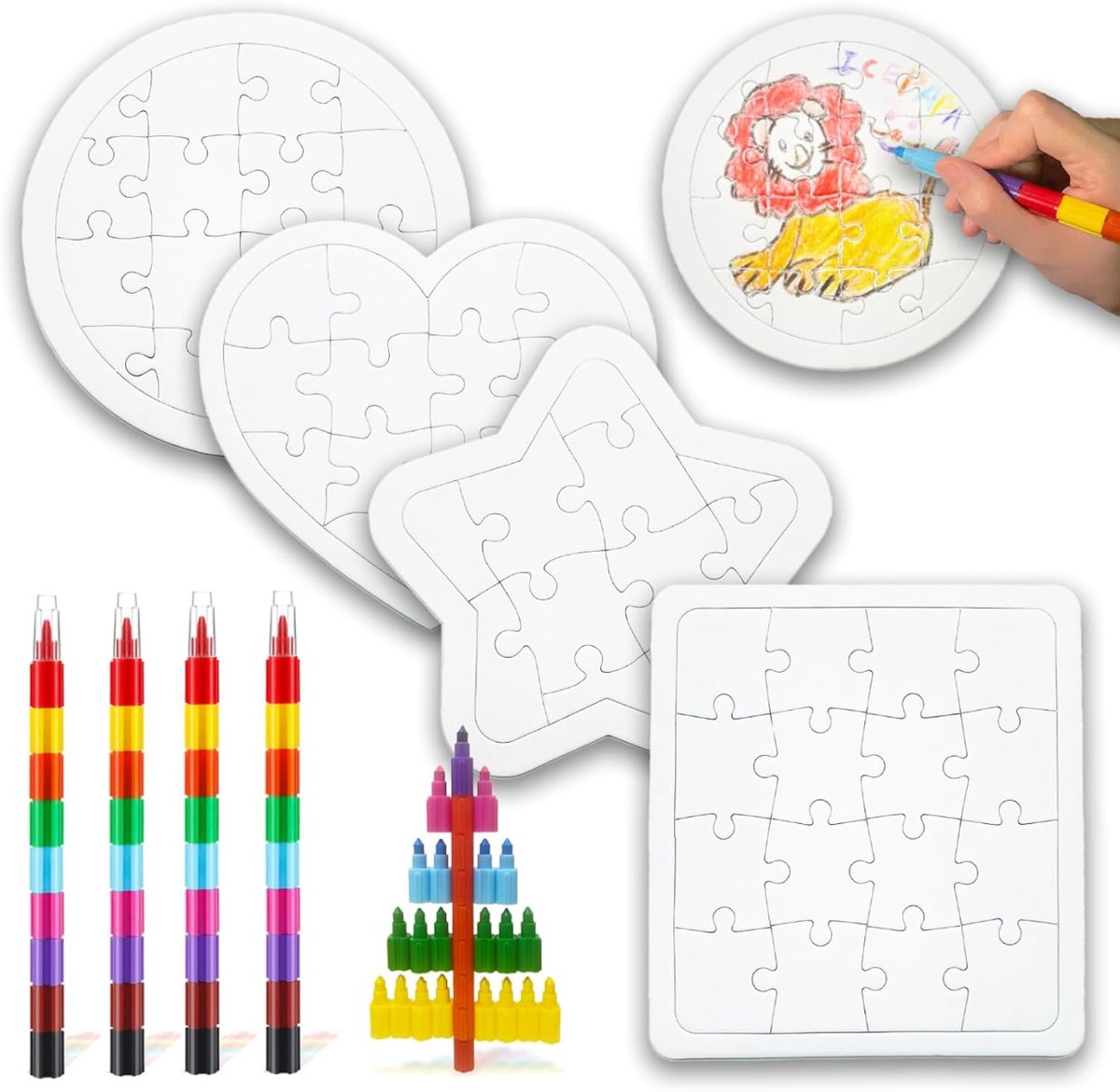 SnelShoppen - Creatieve DIY Puzzels voor Kinderen - 4 Blanko Puzzels in Verschillende Vormen met 9 Kleurpotloden - Perfect als Verjaardagscadeau of Ki