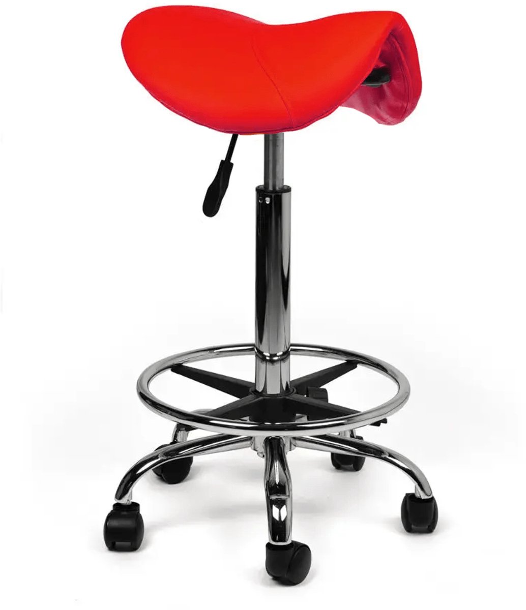 Zadelkruk Rood – Ergonomische Zadelstoel met Wielen – Verstelbare Werkkruk voor Salon, Kappers & Thuisgebruik - Zithoogte 70-84cm - met Voetsteun