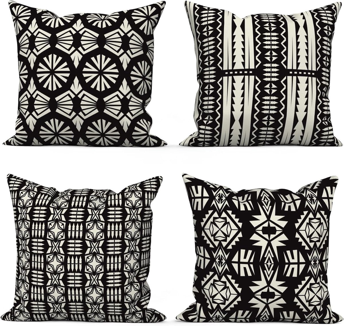 SnelShoppen - Set van 4 Boho 45x45 cm Geometrische Kussenhoezen Zwart Wit - Wasbare Polyester Flax Kussens voor Bank, Tuin en Feestdecoratie