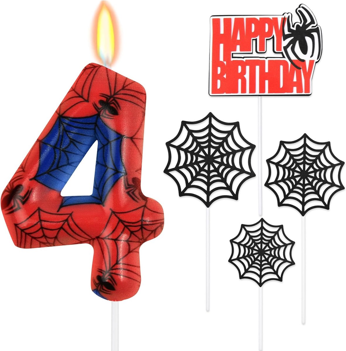 SnelShoppen - Spider Birthday Candles Set voor 4 Jaar, Cake Decoratie met Spinnen Thema, 1x Nummer Kaars, 3x Spinrag Decoratie, 1x Happy Birthday Topp