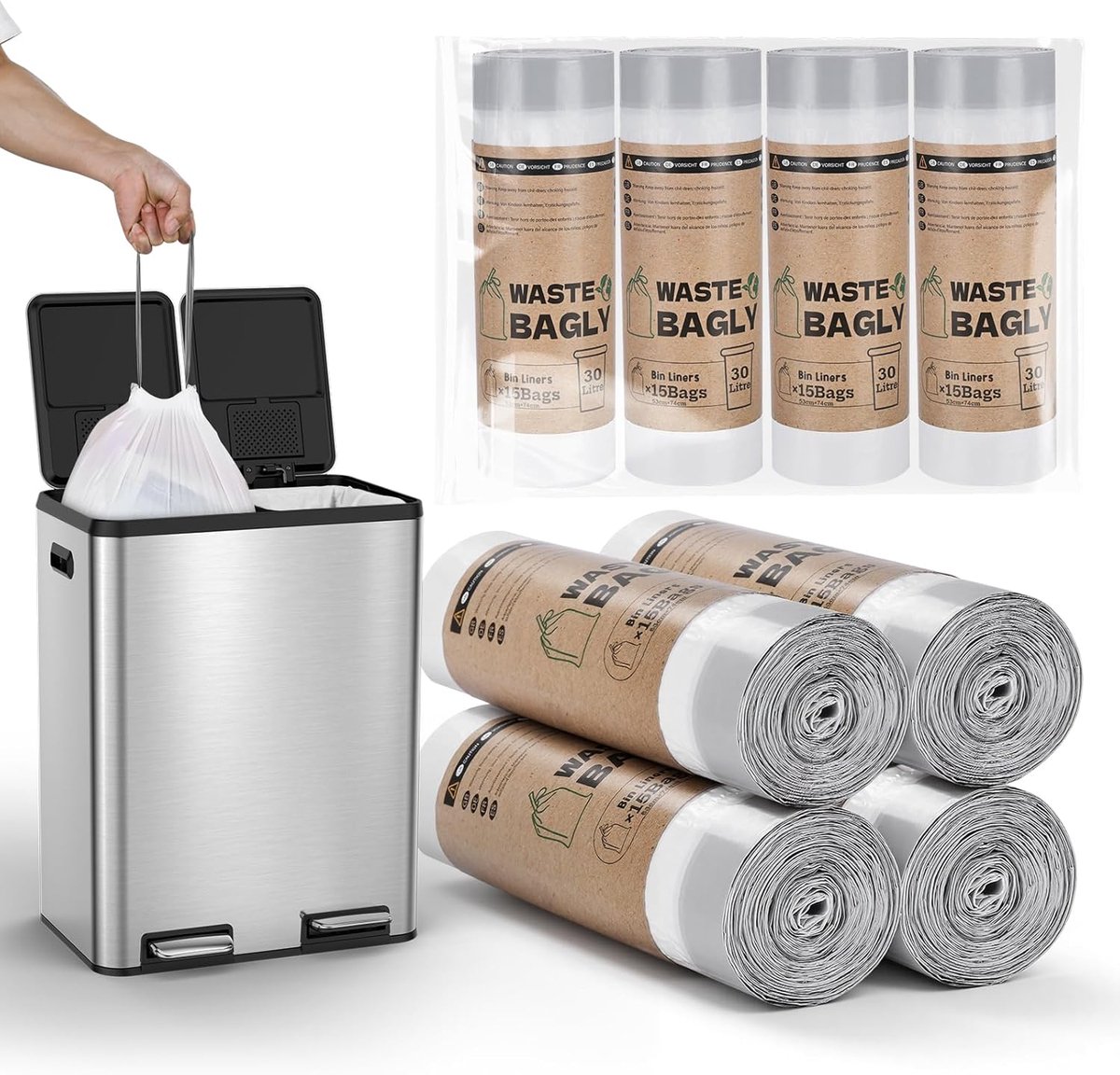 SnelShoppen - Vuilniszakken met Trekkoord L (53x74cm), Extra Dik en Scheurvast, 30L Prullenbak Zakken, 60 Stuks, 4-Pack, Keuken, Kantoor, Badkamer, Hu