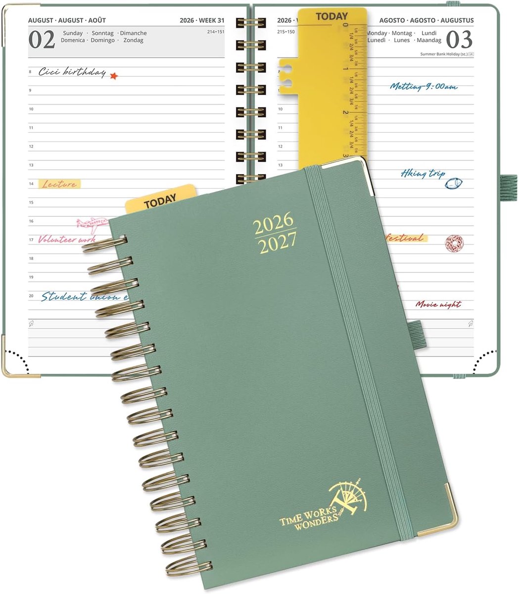 SnelShoppen - Agenda 2026 2027 Daily Planner A5 21.5x14.5 cm, 1 Pagina per Dag, Hard Cover, Inner Pocket, 80 GSM Papier, Donker Groen, School Planner