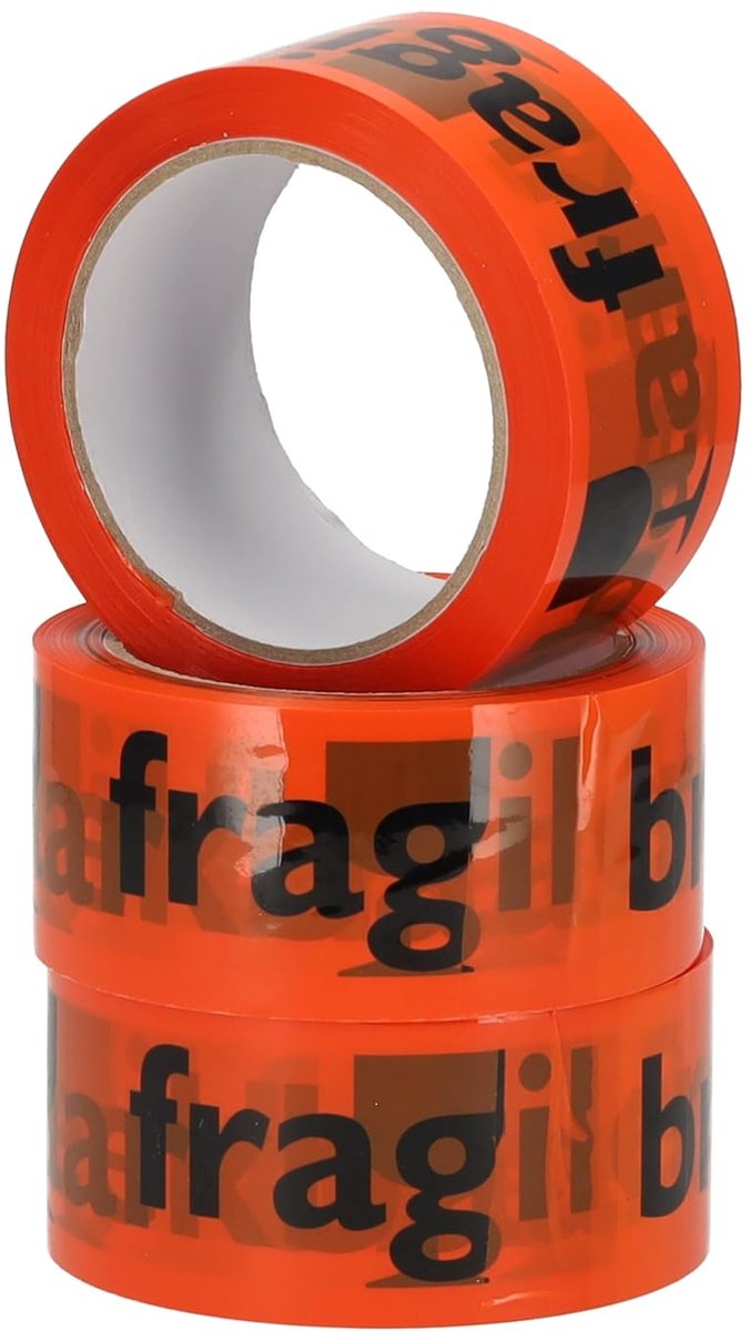 Thijox - Waarschuwingstape Breekbaar Oranje 48mm x 66 meter - 3 Rollen - Fluor Oranje Pakketverpakking - Voorzichtig Behandelen Tape voor Verzend- en