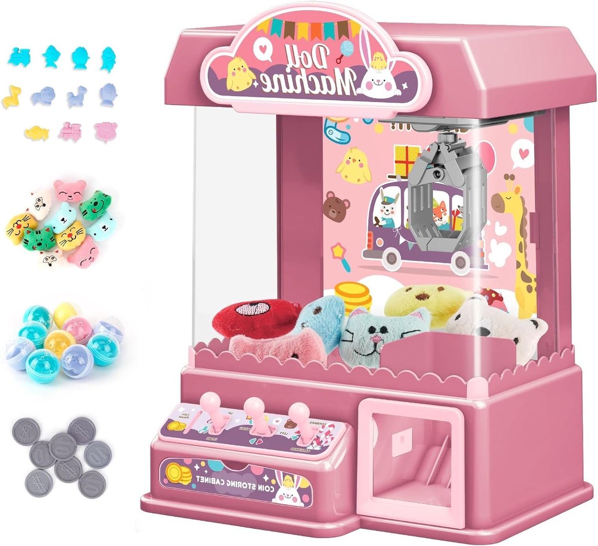 Interactieve Mini Claw Machine met 10 Poppen, 10 Ballen en 20 Speelmunten, Verlicht en Geluidseffecten