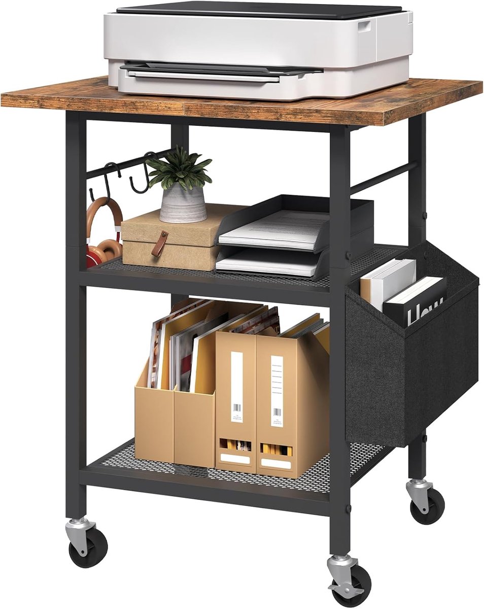 SnelShoppen - Printer Desk met 3 Laags Frame, Mobiele Pedestal, Printerstandaard, Opslagrek, Industrieel Stijl, Zijvak, Metalen Gaas Planken, 2 S Haak