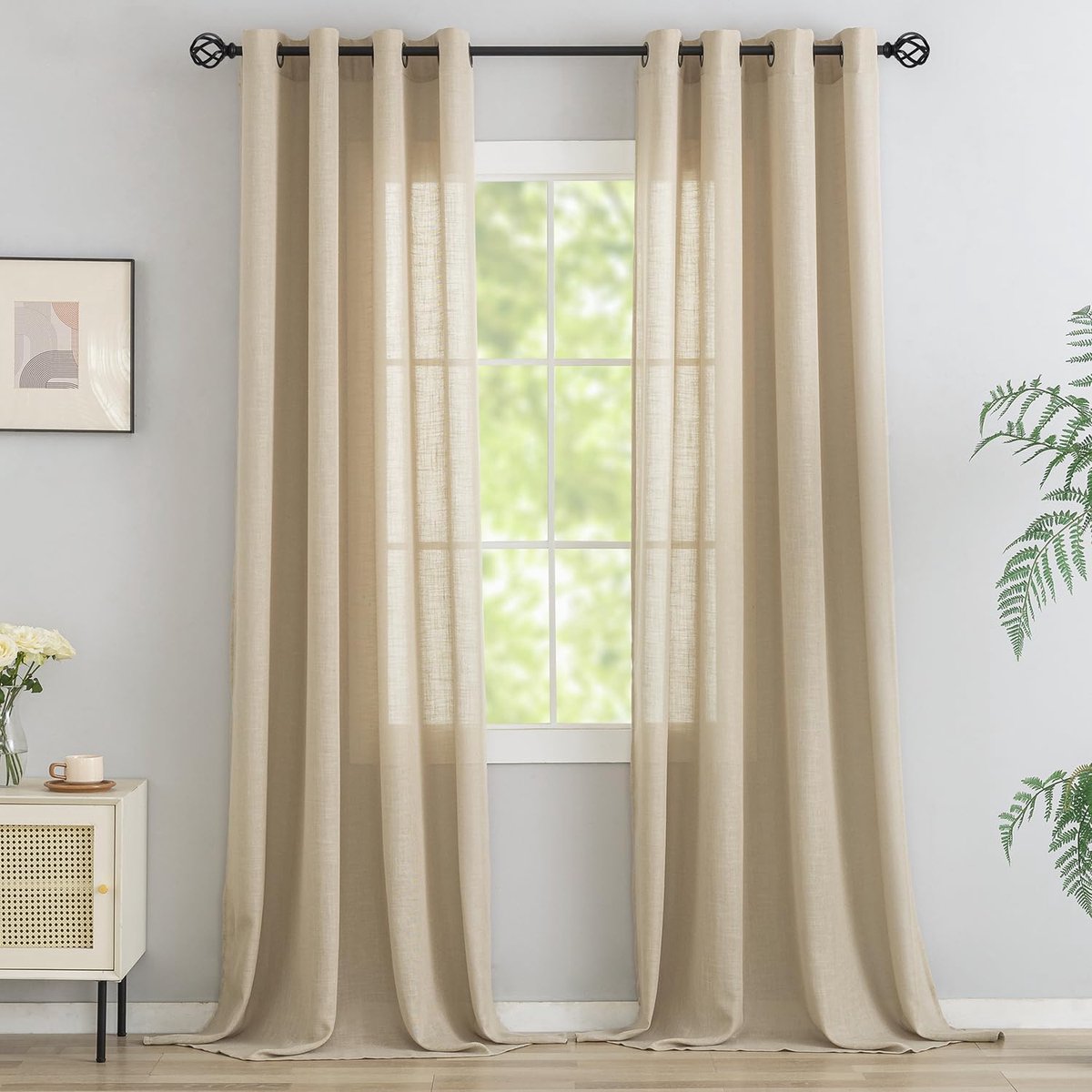 SnelShoppen - Gordijnen van Natuurlijke Linnen Structuur met Oogjes, Linnen Gordijnen voor Raamdecoratie, Woonkamer, Khaki, 260 x 140 cm (H x B), Set