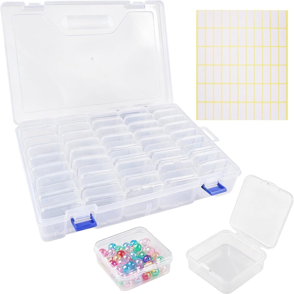 Thijox - 45 Stuks Kleine Opbergdoosjes 5,5 x 5,5 x 2 cm, Transparante Kralen Bewaarbox met 990 Etiketten, Mini Sorteerdozen voor Kleine Onderdelen en