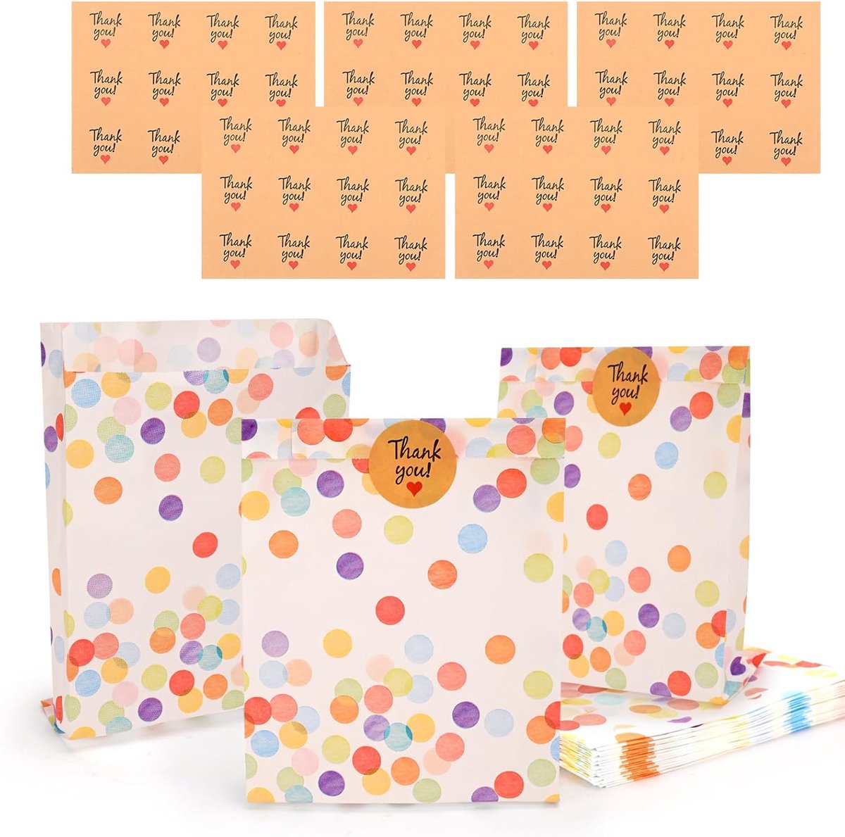 SnelShoppen - Pack van 50 Cadeautasjes met 50 Stickers, 19 x 3 cm Papieren Tassen, Feestelijke Goodiebags voor Verjaardagen, Festivals, Kinderfeestjes
